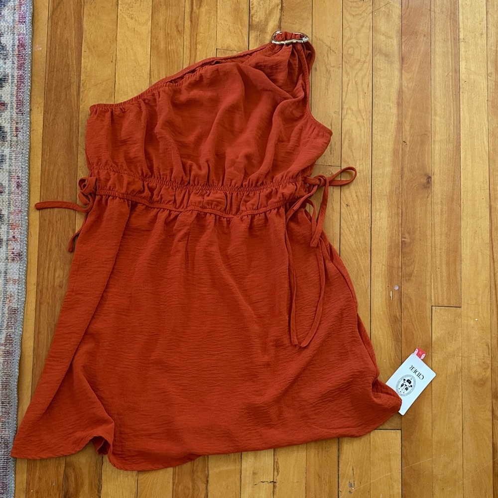 Cider one shoulder orange dress with gold buckle
